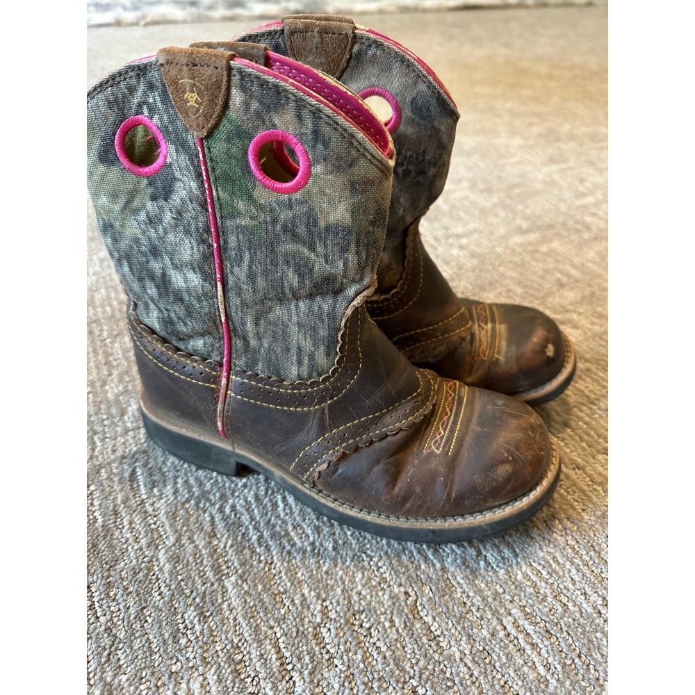 Ariat Kids Fatbaby Camo Western Boots Brown Leather Pink Trim 10008724 Size 3